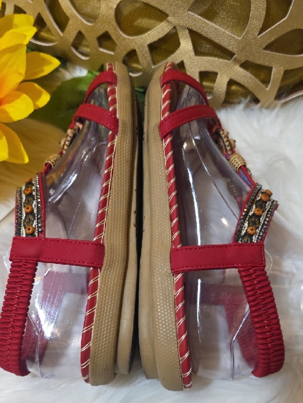 Women's Red Embellished T-Strap Sandals with Wooden Accents - Picture 7 of 8